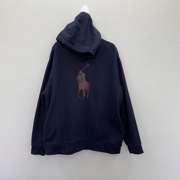 Polo Ralph Lauren Leather Big Pony Pullover Fleece Hooded Sweatshirt Mens XXL - Picture 1 of 9